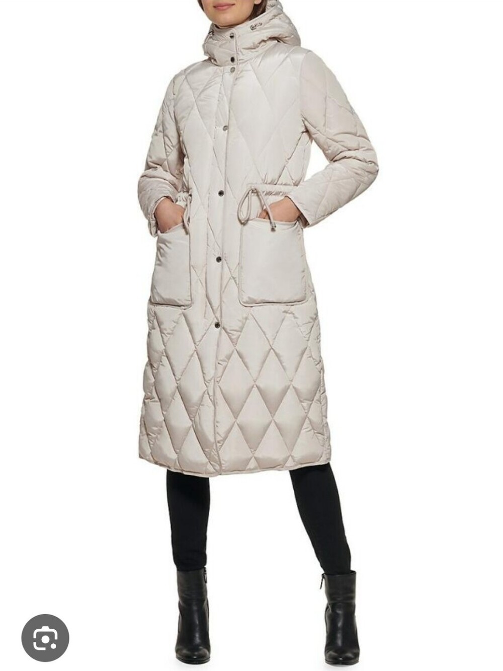 Kenneth Cole Long Quilted Puffer Coat in Light Beige